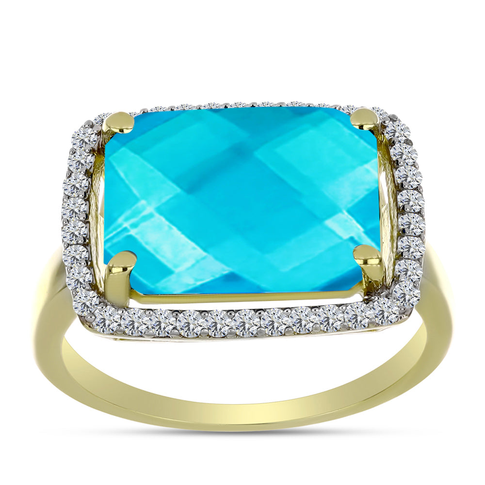 Anillo de Plata Bañada en Oro con Jade Azul y Topacio Blanco