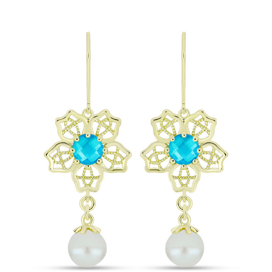 Pendientes de Plata Bañada en Oro con Jade Azul y Perla de Agua Dulce