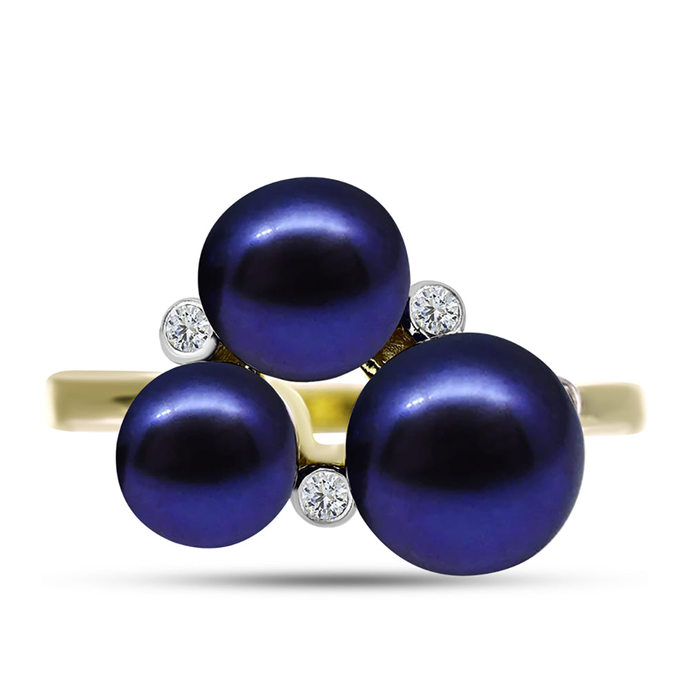 Anillo de Plata Bañada en Oro con Perla Negra de Agua dulce y Topacio Blanco 1 