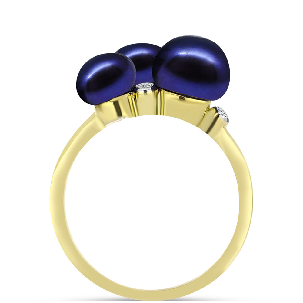 Anillo de Plata Bañada en Oro con Perla Negra de Agua dulce y Topacio Blanco