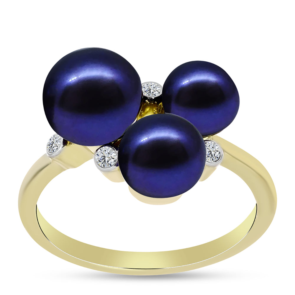 Anillo de Plata Bañada en Oro con Perla Negra de Agua dulce y Topacio Blanco