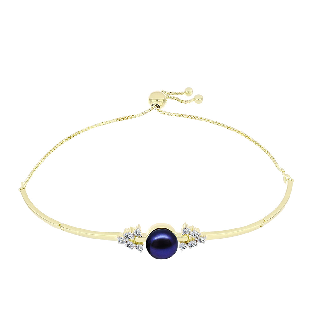 Pulsera de Plata Bañada en Oro con Perla Negra de Agua dulce y Topacio Blanco