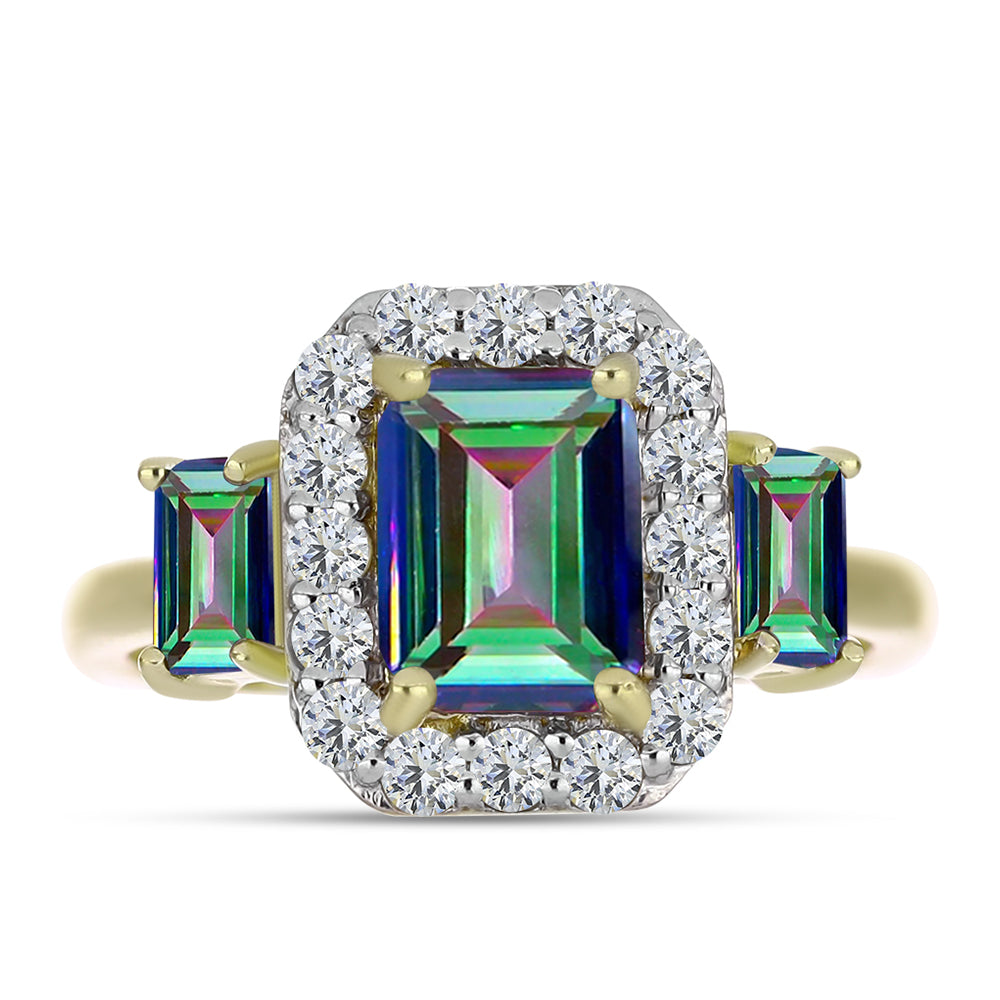 Anillo de Plata Bañada en Oro con Cuarzo Hematita verde místico y Topacio Blanco 1 