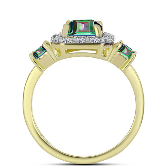Anillo de Plata Bañada en Oro con Cuarzo Hematita verde místico y Topacio Blanco