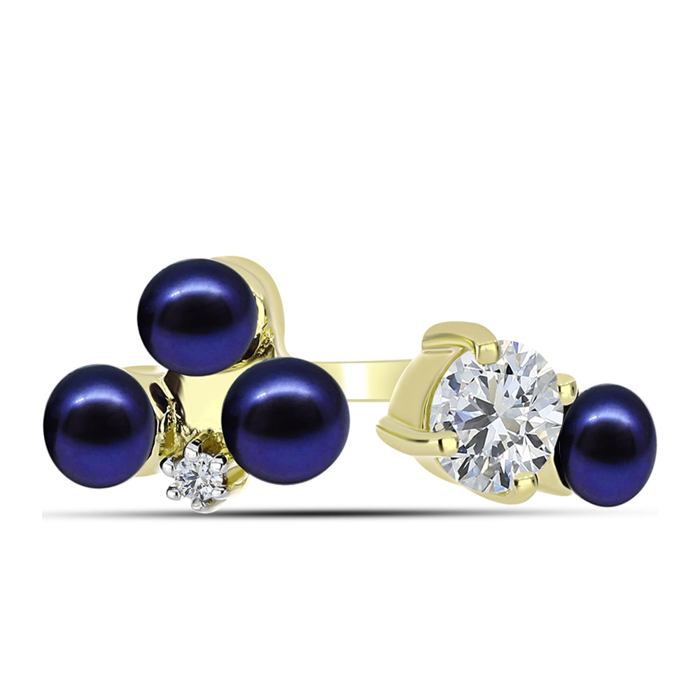 Anillo de Plata Bañada en Oro con Perla Negra de Agua dulce y Topacio Blanco
