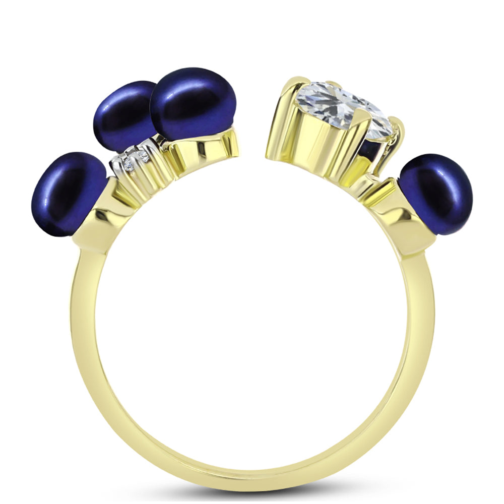 Anillo de Plata Bañada en Oro con Perla Negra de Agua dulce y Topacio Blanco 2 