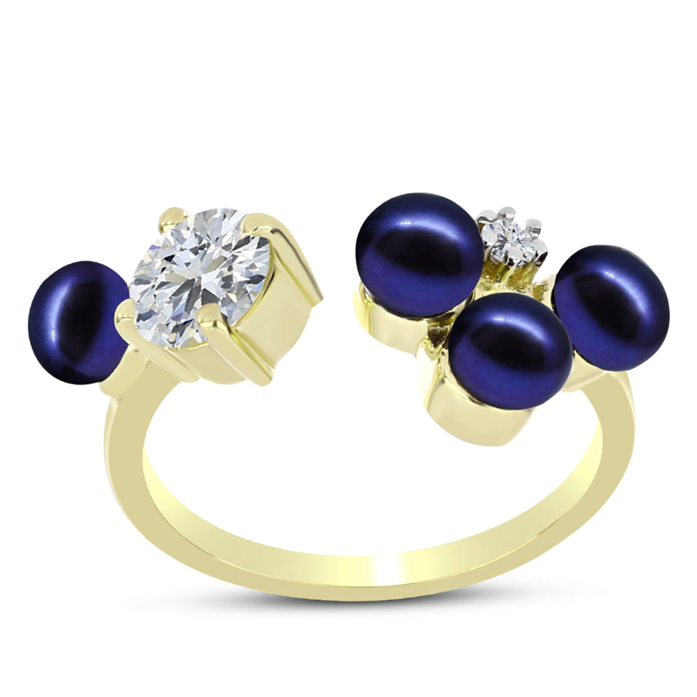 Anillo de Plata Bañada en Oro con Perla Negra de Agua dulce y Topacio Blanco