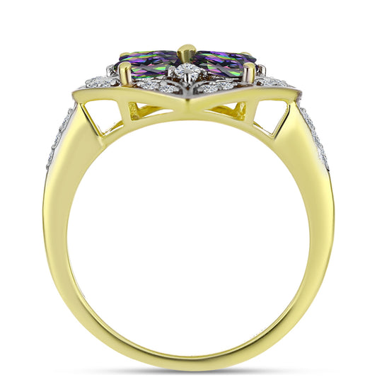 Anillo de Plata Bañada en Oro con Cuarzo Hematita verde místico y Topacio Blanco