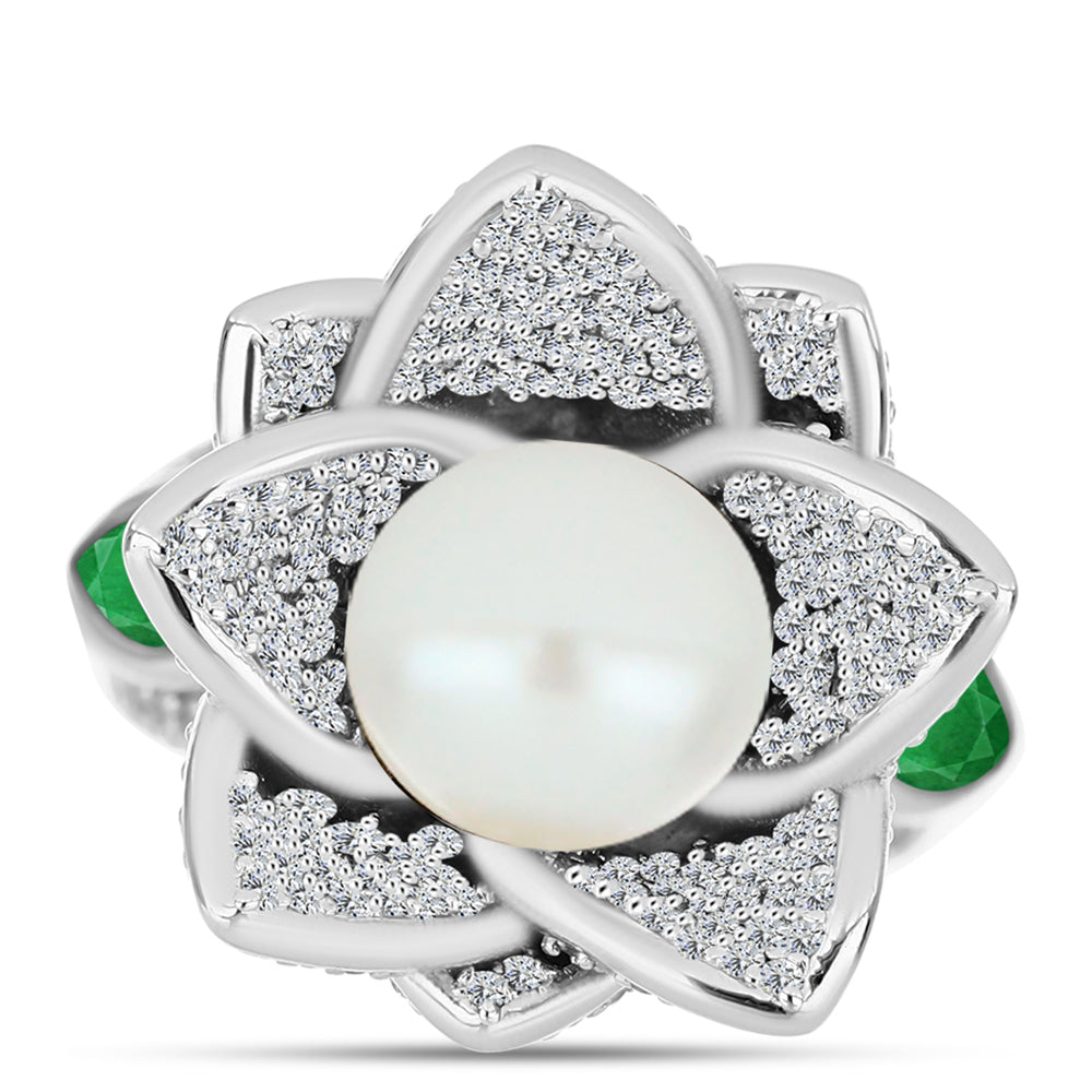 Anillo de Plata con Esmeralda de Zambia y Perla de Agua Dulce 2 