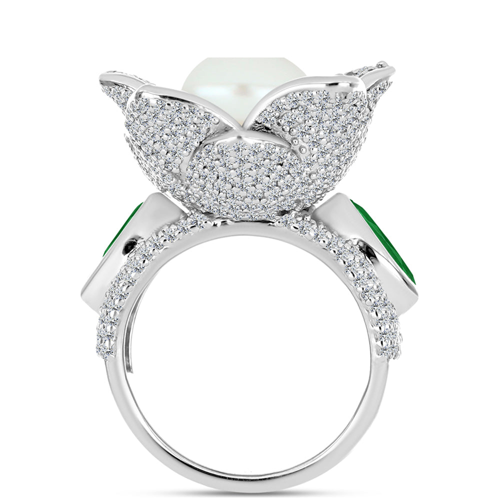 Anillo de Plata con Esmeralda de Zambia y Perla de Agua Dulce 3 