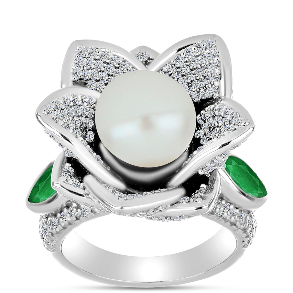 Anillo de Plata con Esmeralda de Zambia y Perla de Agua Dulce 1 