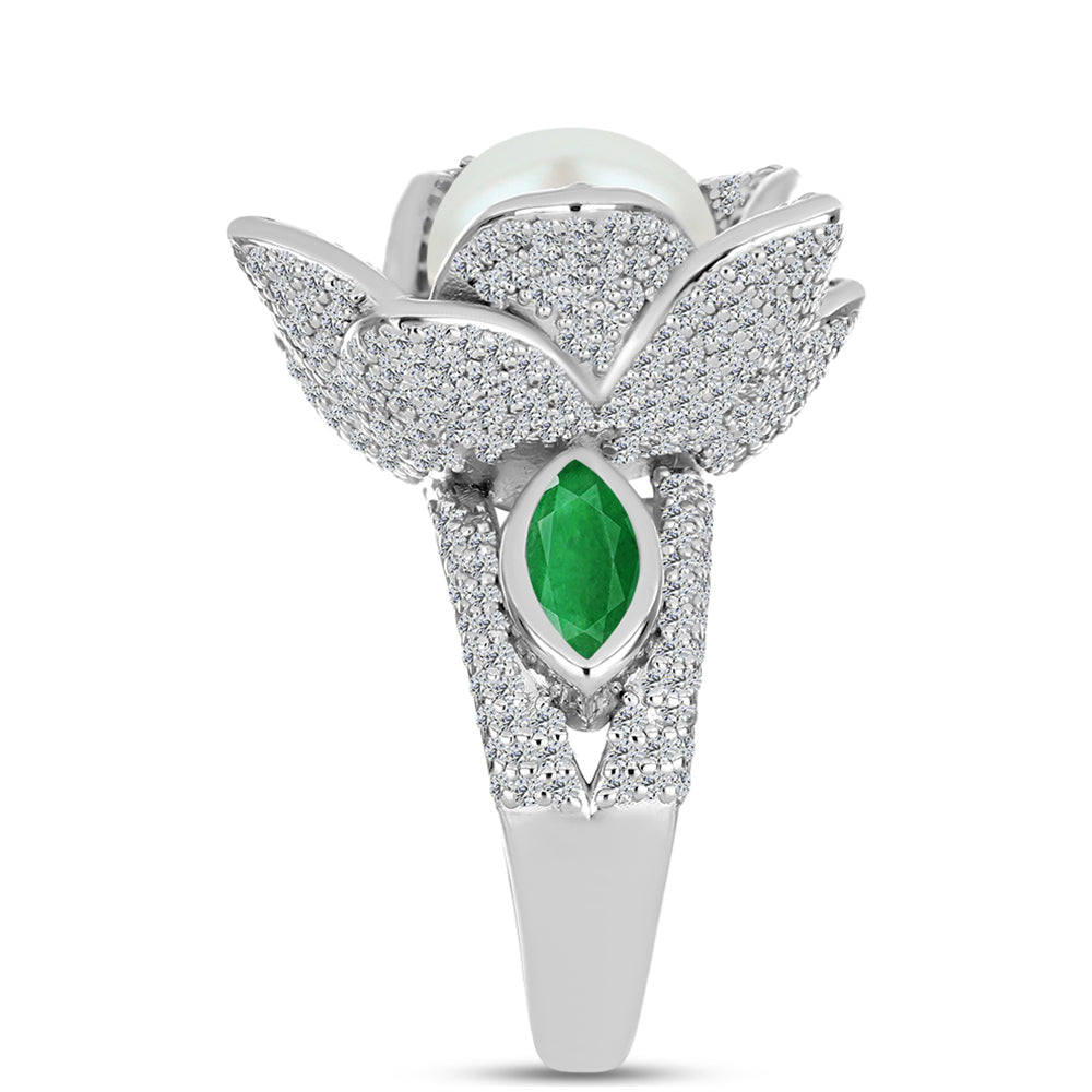 Anillo de Plata con Esmeralda de Zambia y Perla de Agua Dulce 4 