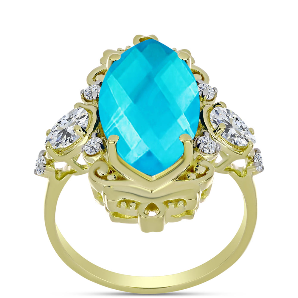 Anillo de Plata Bañada en Oro con Jade Azul y Topacio Blanco