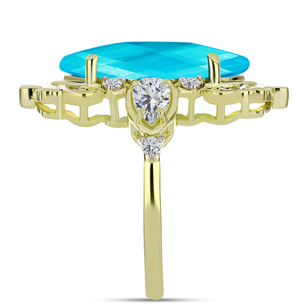 Anillo de Plata Bañada en Oro con Jade Azul y Topacio Blanco 4 