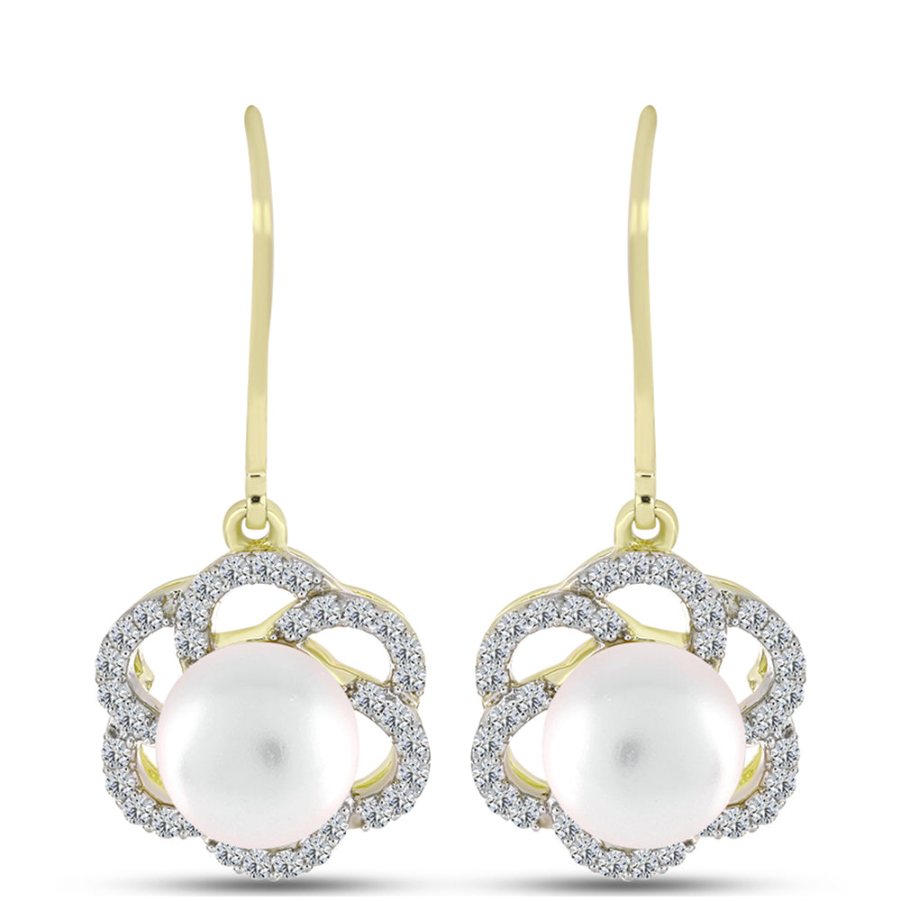 Pendientes de Plata Bañada en Oro con Perla de Agua Dulce y Topacio Blanco 1 