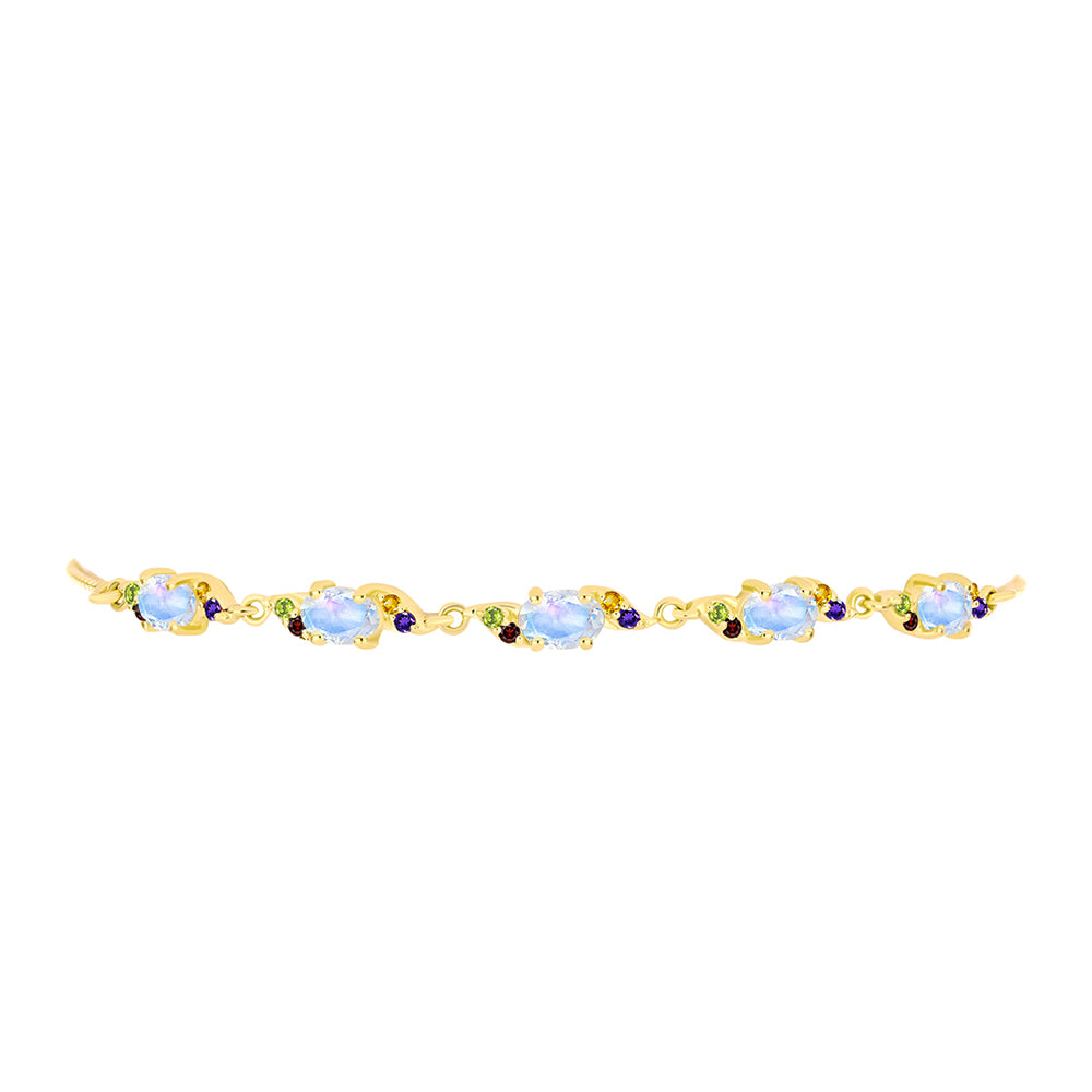 Pulsera de Plata Bañada en Oro con Piedra Lunar Arco Iris y Amatista de Marruecos 2 
