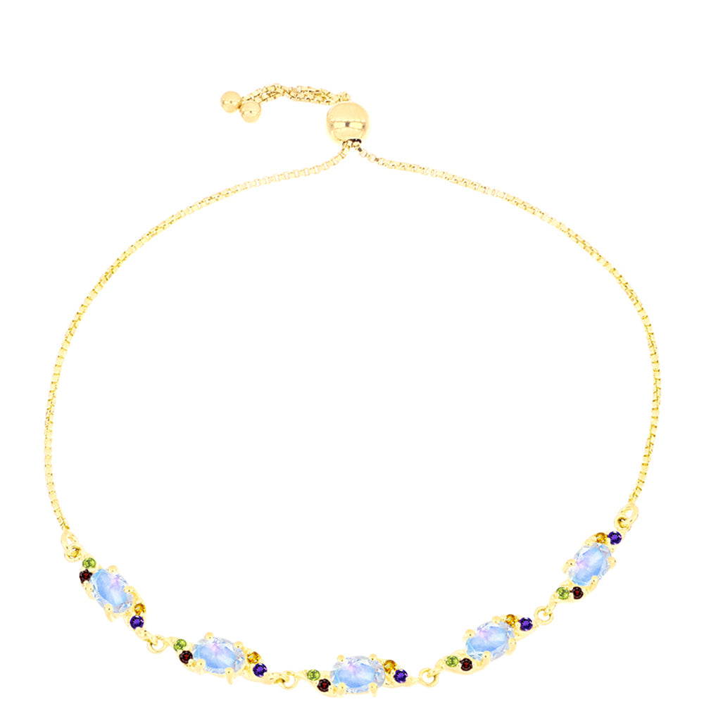 Pulsera de Plata Bañada en Oro con Piedra Lunar Arco Iris y Amatista de Marruecos