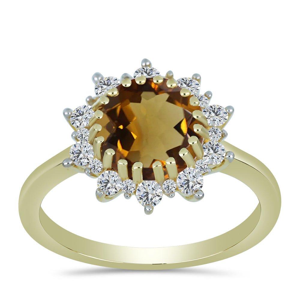 Anillo de Plata Bañada en Oro con Cuarzo Coñac y Topacio Blanco