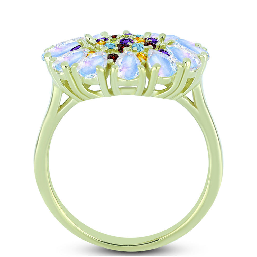 Anillo de Plata Bañada en Oro con Piedra Lunar Arco Iris y Amatista de Marruecos