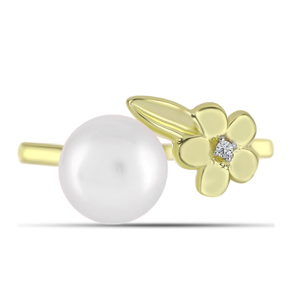 Anillo de Plata Bañada en Oro con Perla de Agua Dulce y Topacio Blanco 1 