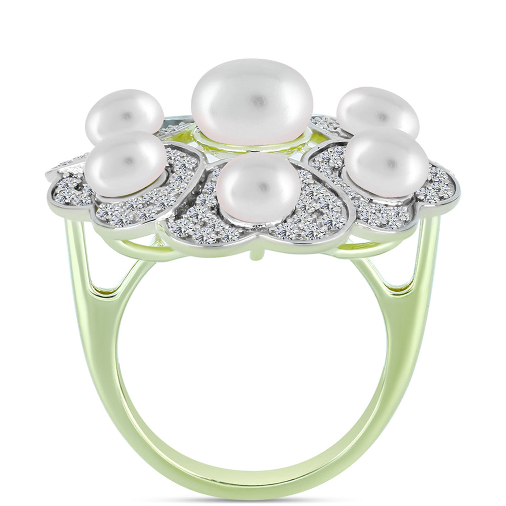 Anillo de Plata Bañada en Oro con Perla de Agua Dulce y Topacio Blanco