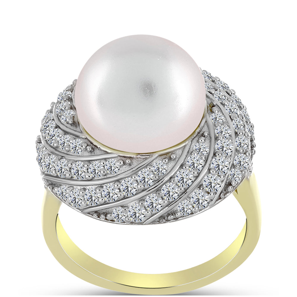 Anillo de Plata Bañada en Oro con Perla de Agua Dulce y Topacio Blanco 3 