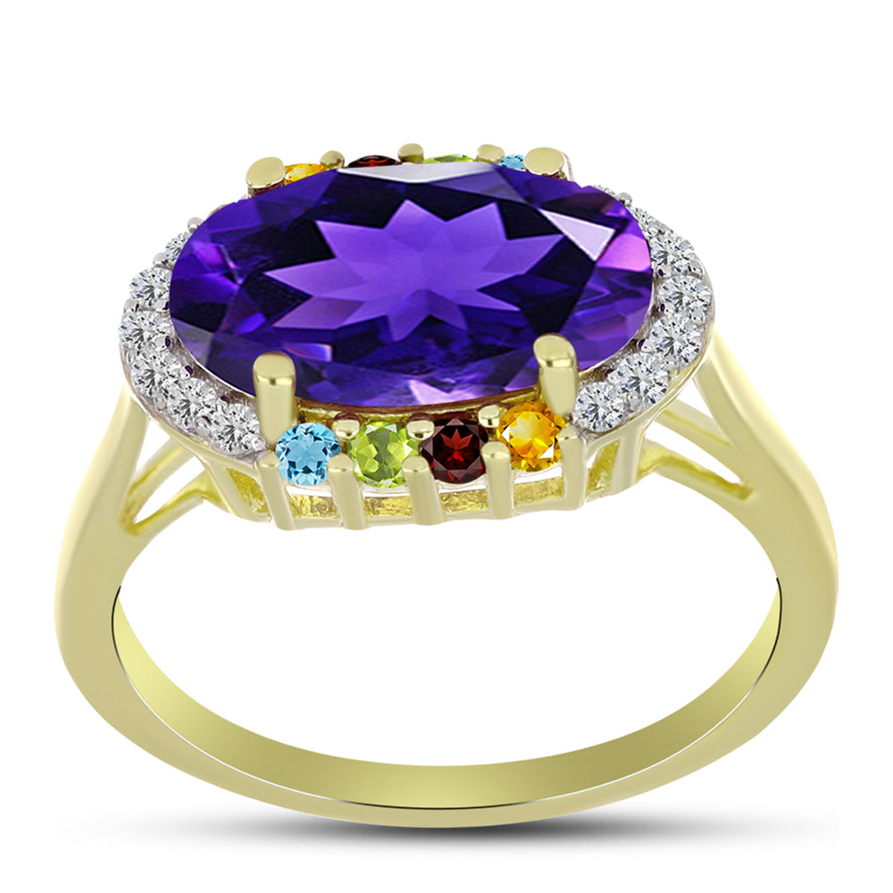 Anillo de Plata Bañada en Oro con Amatista de Marruecos y Citrino de los Montes Urales