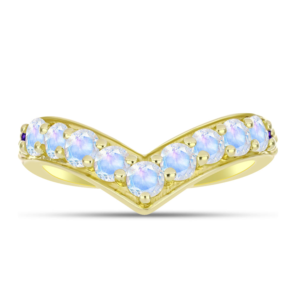 Anillo de Plata Bañada en Oro con Piedra Lunar Arco Iris y Amatista de Marruecos