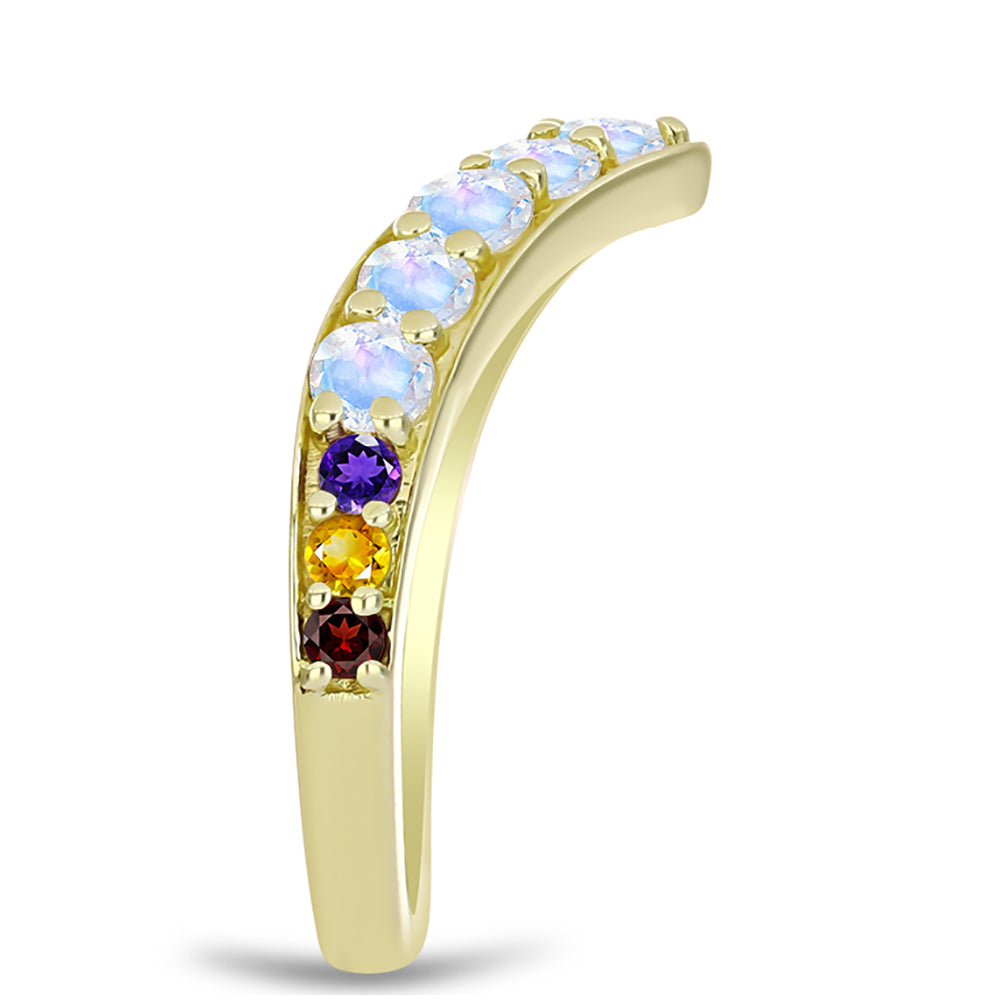 Anillo de Plata Bañada en Oro con Piedra Lunar Arco Iris y Amatista de Marruecos