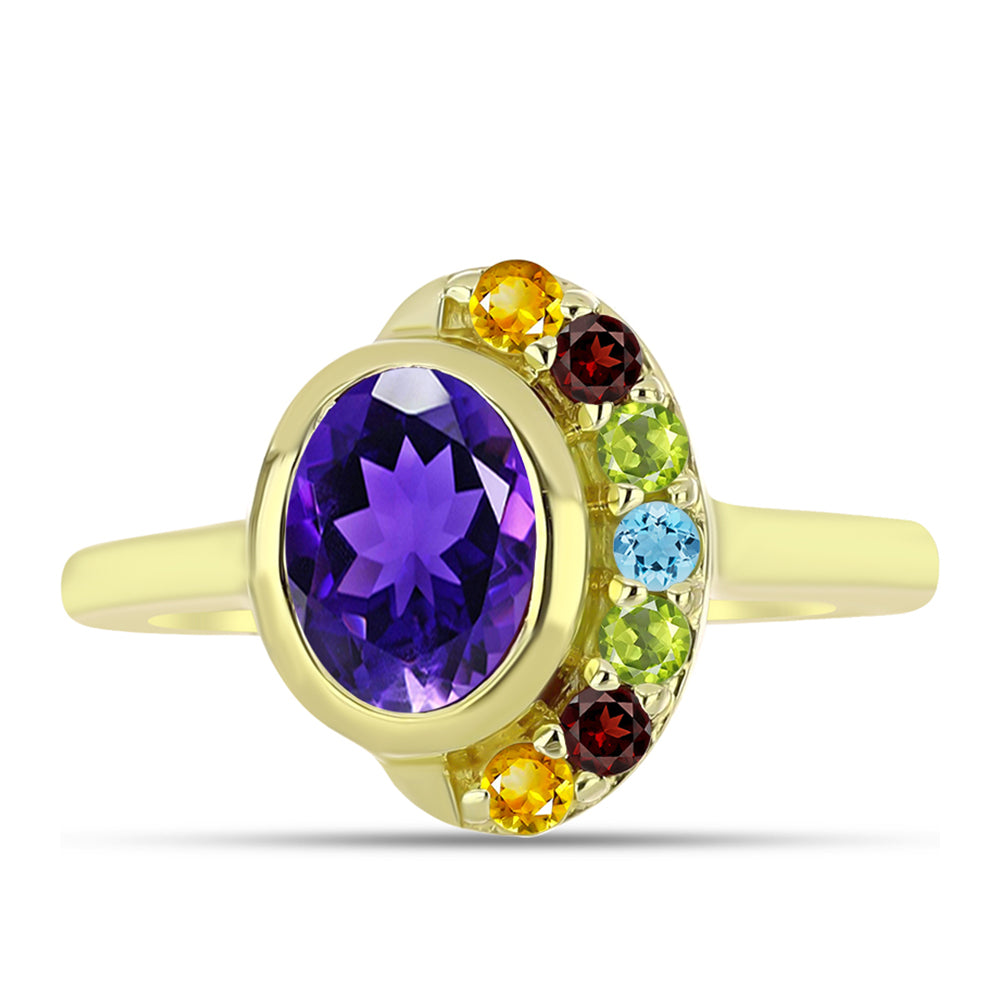 Anillo de Plata Bañada en Oro con Amatista de Marruecos y Citrino de los Montes Urales