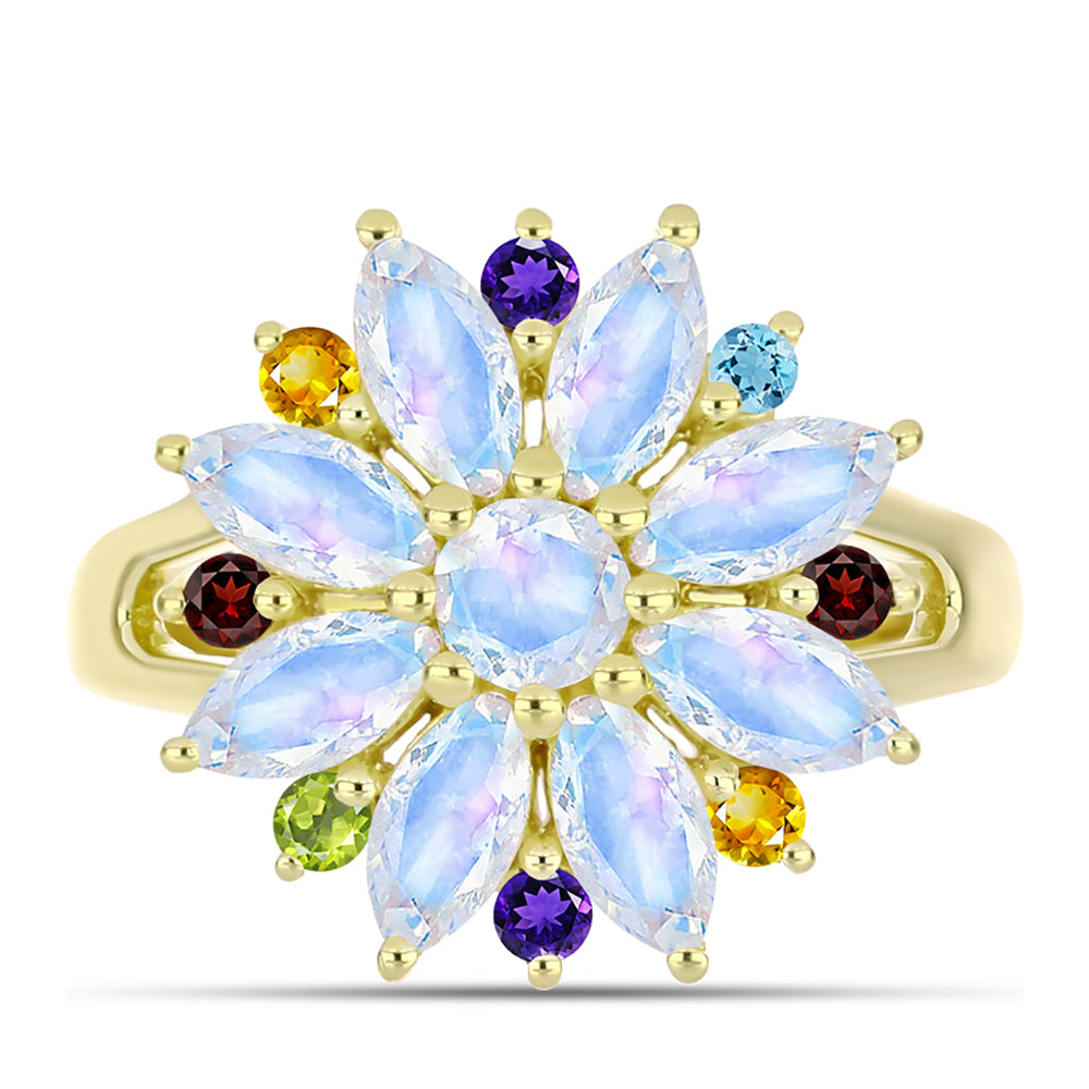 Anillo de Plata Bañada en Oro con Piedra Lunar Arco Iris y Citrino de los Montes Urales 1 