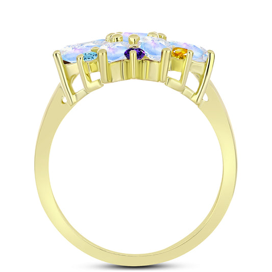 Anillo de Plata Bañada en Oro con Piedra Lunar Arco Iris y Citrino de los Montes Urales
