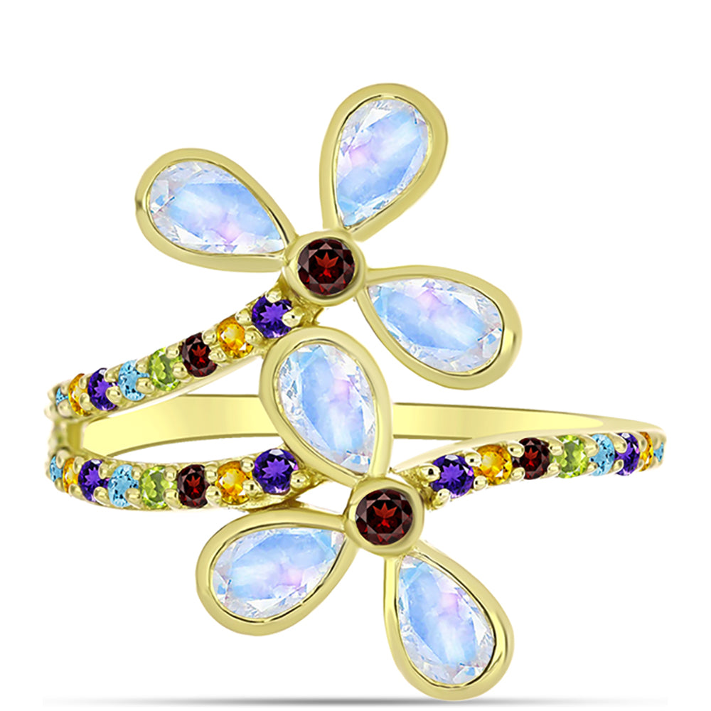 Anillo de Plata Bañada en Oro con Piedra Lunar Arco Iris y Granate Barton 1 