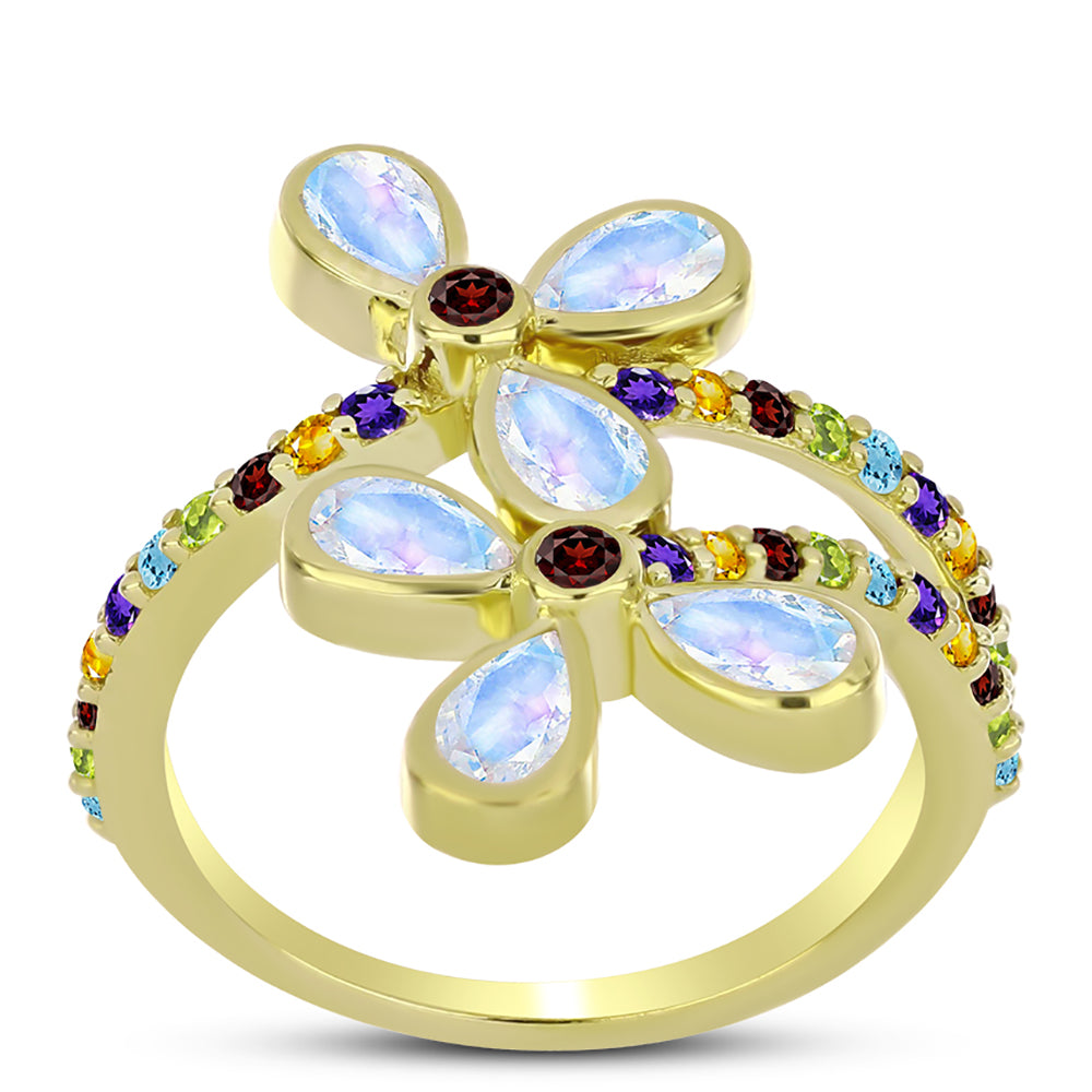 Anillo de Plata Bañada en Oro con Piedra Lunar Arco Iris y Granate Barton 3 