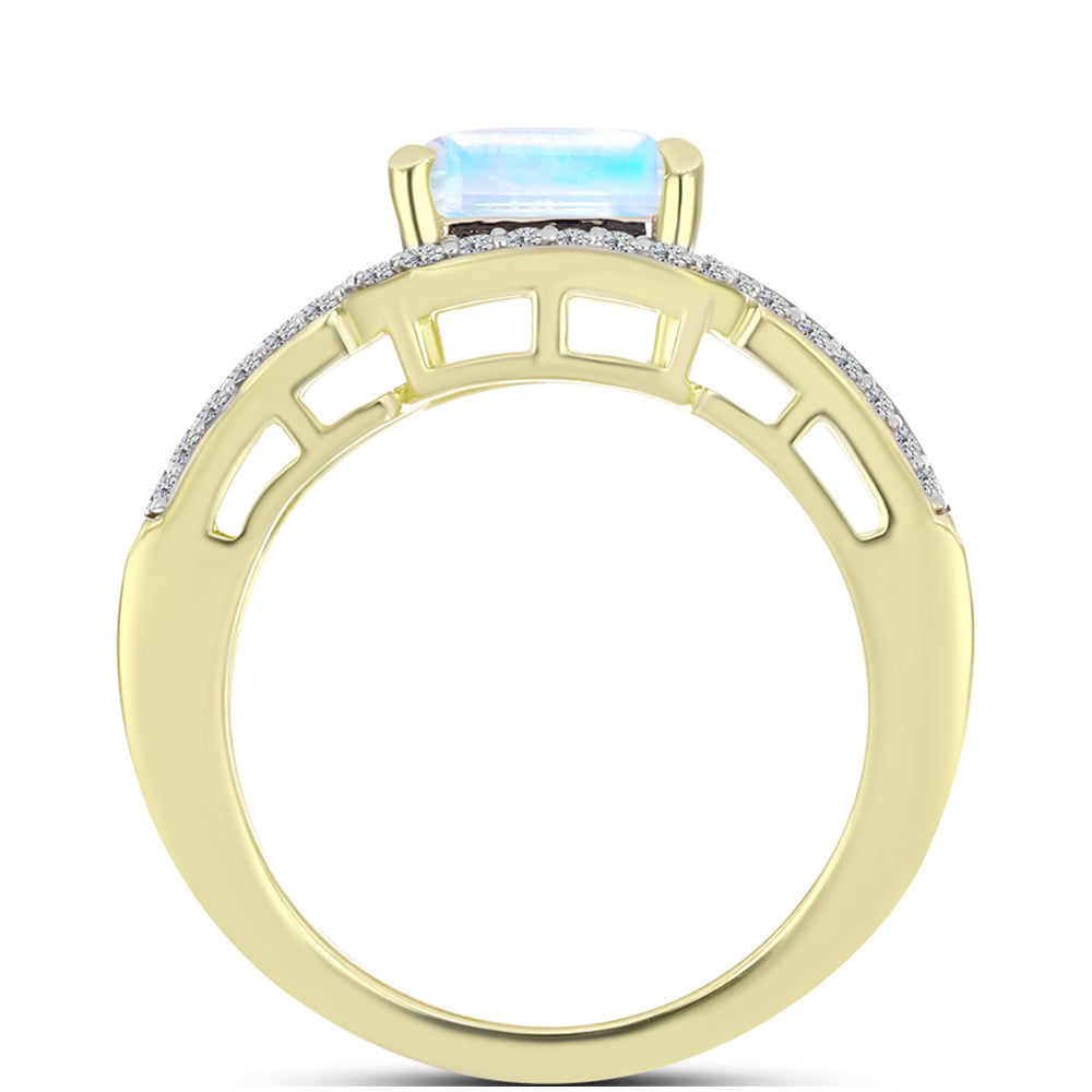 Anillo de Plata Bañada en Oro con Piedra Lunar Arco Iris y Amatista de Marruecos 2 