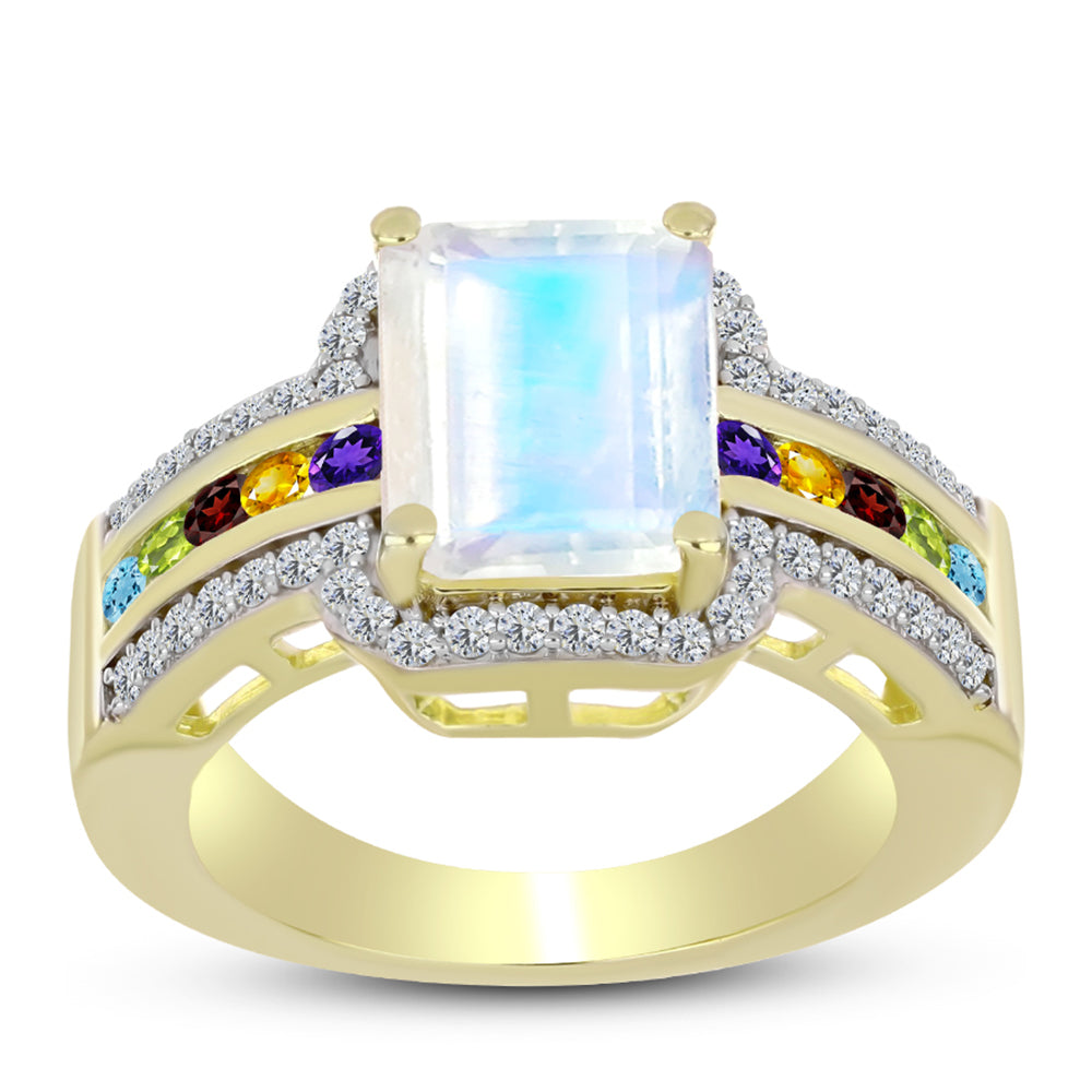 Anillo de Plata Bañada en Oro con Piedra Lunar Arco Iris y Amatista de Marruecos