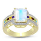 Anillo de Plata Bañada en Oro con Piedra Lunar Arco Iris y Amatista de Marruecos