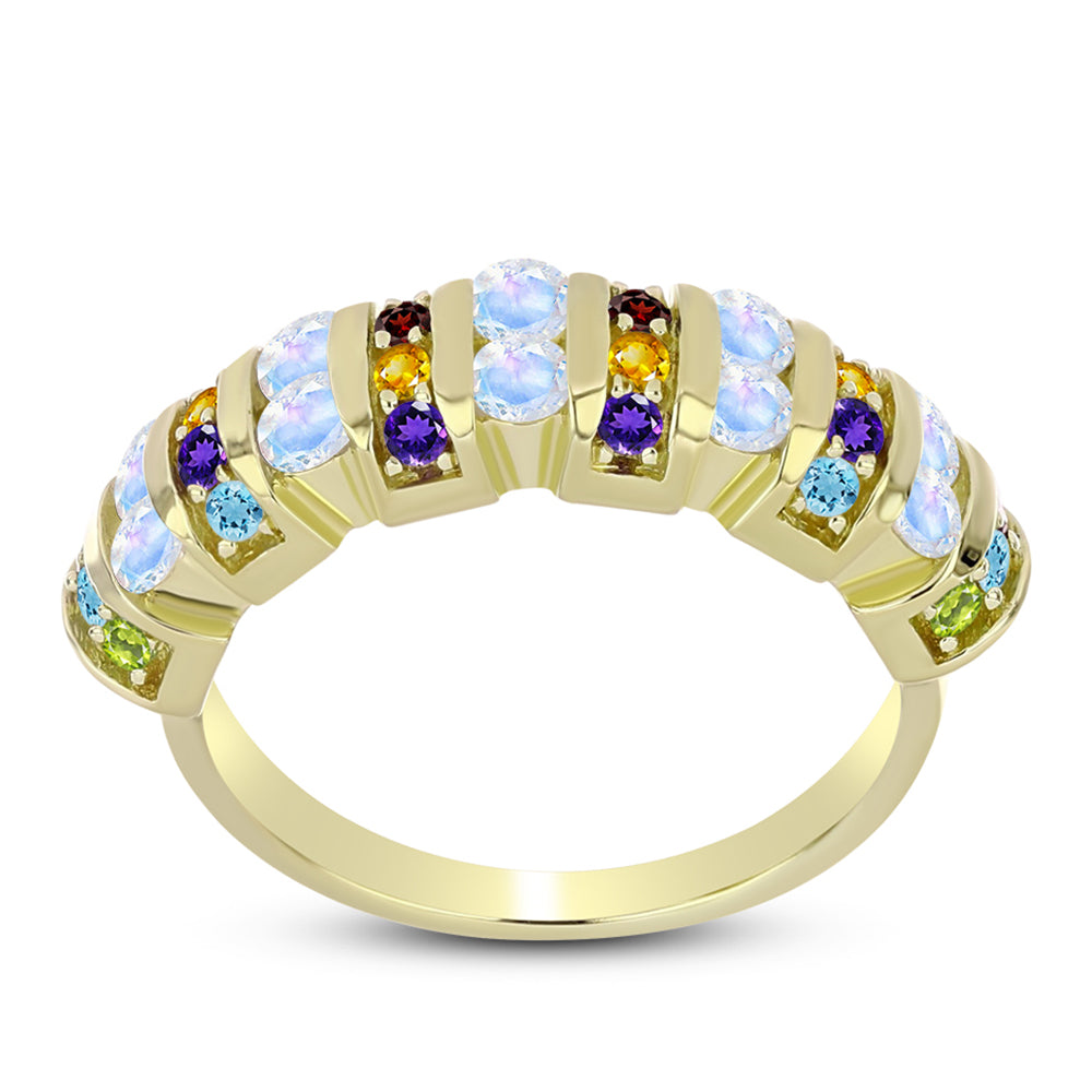 Anillo de Plata Bañada en Oro con Piedra Lunar Arco Iris y Amatista de Marruecos 3 