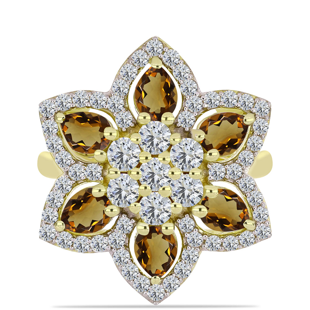 Anillo de Plata Bañada en Oro con Cuarzo Coñac y Topacio Blanco 1 