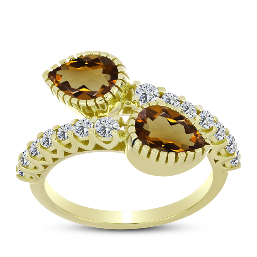 Anillo de Plata Bañada en Oro con Cuarzo Coñac y Topacio Blanco 3 