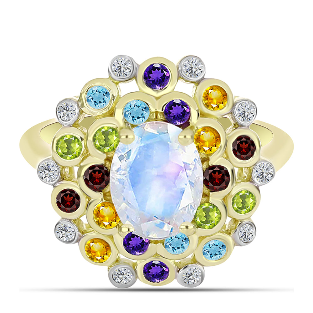 Anillo de Plata Bañada en Oro con Piedra Lunar Arco Iris y Amatista de Marruecos 1 