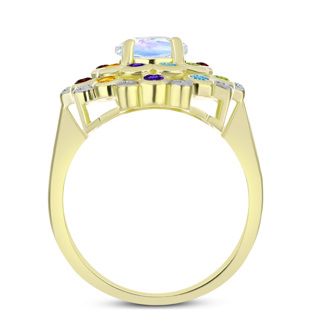 Anillo de Plata Bañada en Oro con Piedra Lunar Arco Iris y Amatista de Marruecos 2 