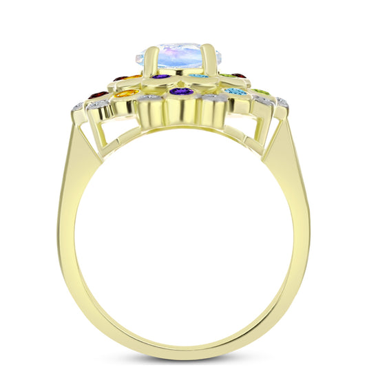 Anillo de Plata Bañada en Oro con Piedra Lunar Arco Iris y Amatista de Marruecos