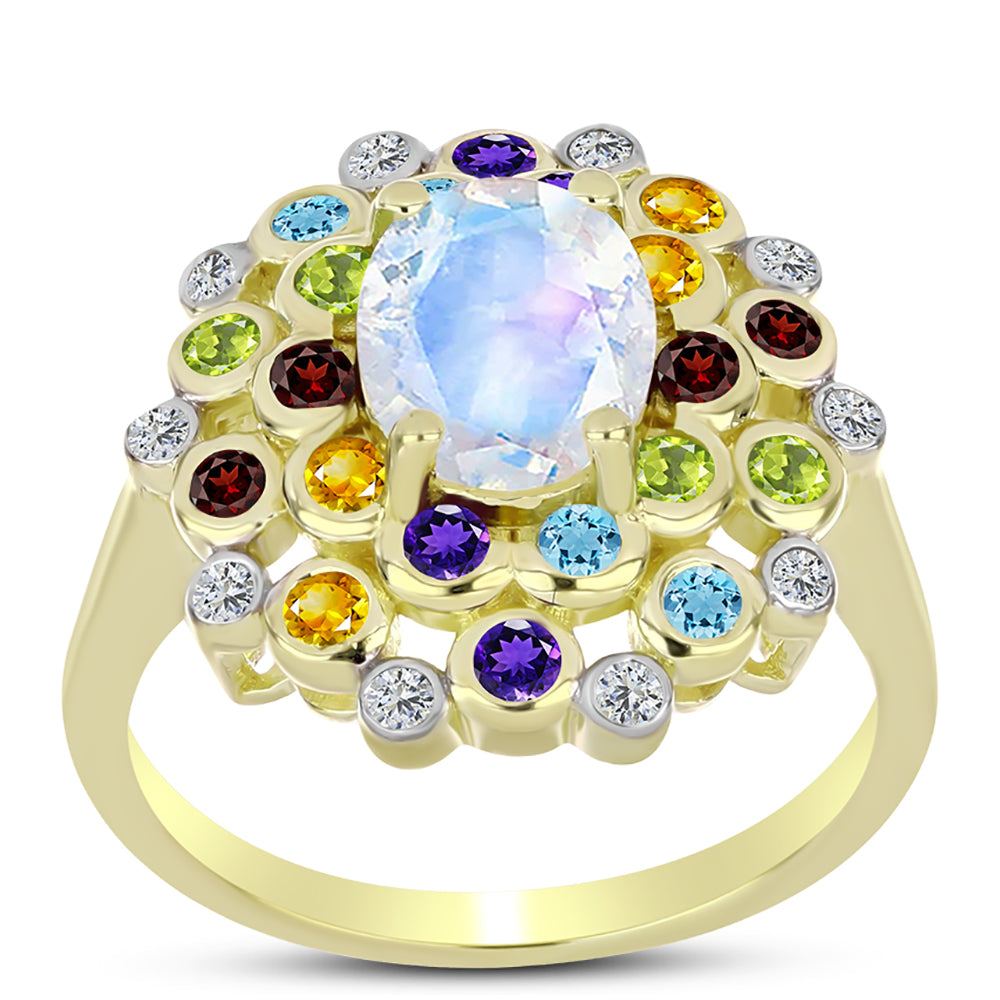 Anillo de Plata Bañada en Oro con Piedra Lunar Arco Iris y Amatista de Marruecos