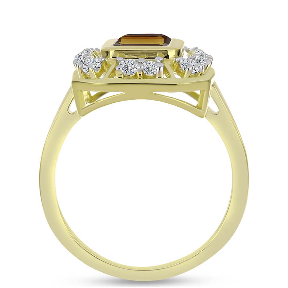Anillo de Plata Bañada en Oro con Cuarzo Coñac y Topacio Blanco 2 