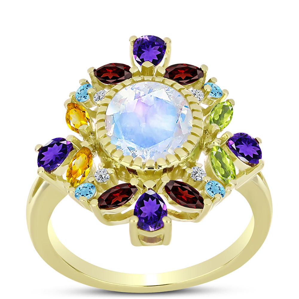 Anillo de Plata Bañada en Oro con Piedra Lunar Arco Iris y Amatista de Marruecos 3 