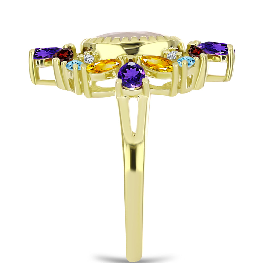 Anillo de Plata Bañada en Oro con Piedra Lunar Arco Iris y Amatista de Marruecos 4 