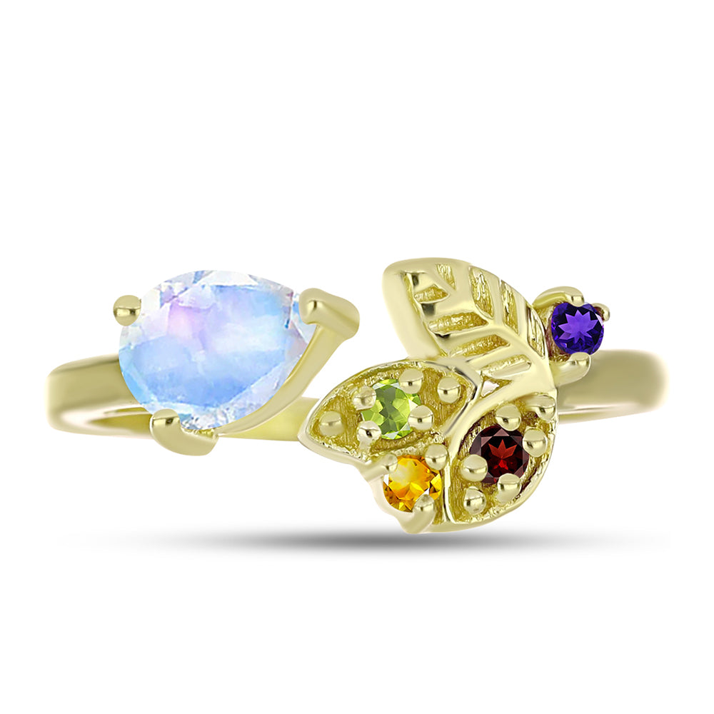 Anillo de Plata Bañada en Oro con Piedra Lunar Arco Iris y Amatista de Marruecos