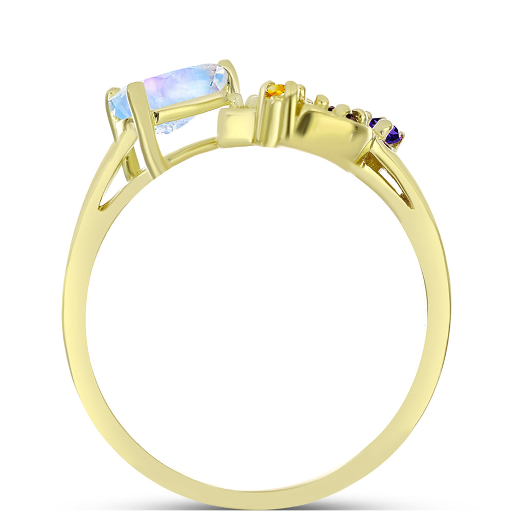 Anillo de Plata Bañada en Oro con Piedra Lunar Arco Iris y Amatista de Marruecos