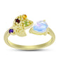 Anillo de Plata Bañada en Oro con Piedra Lunar Arco Iris y Amatista de Marruecos